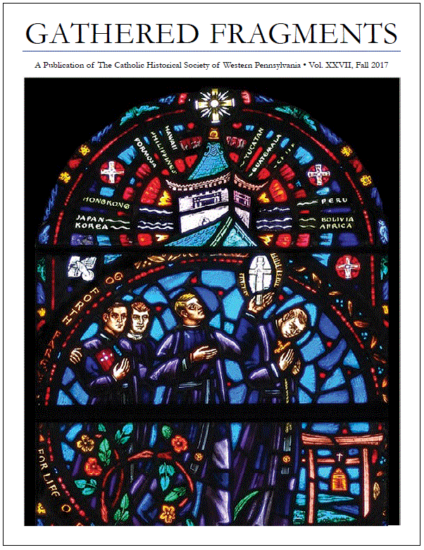 Cover of Gathered Fragments Volume 27 showing the stained glass Men of Maryknoll window, The Chapel of Our Lady, Canterbury School, New Milford, Connecticut. Father Gerard Donovan is represented in the lower right panel. Photo from the Canterbury School.